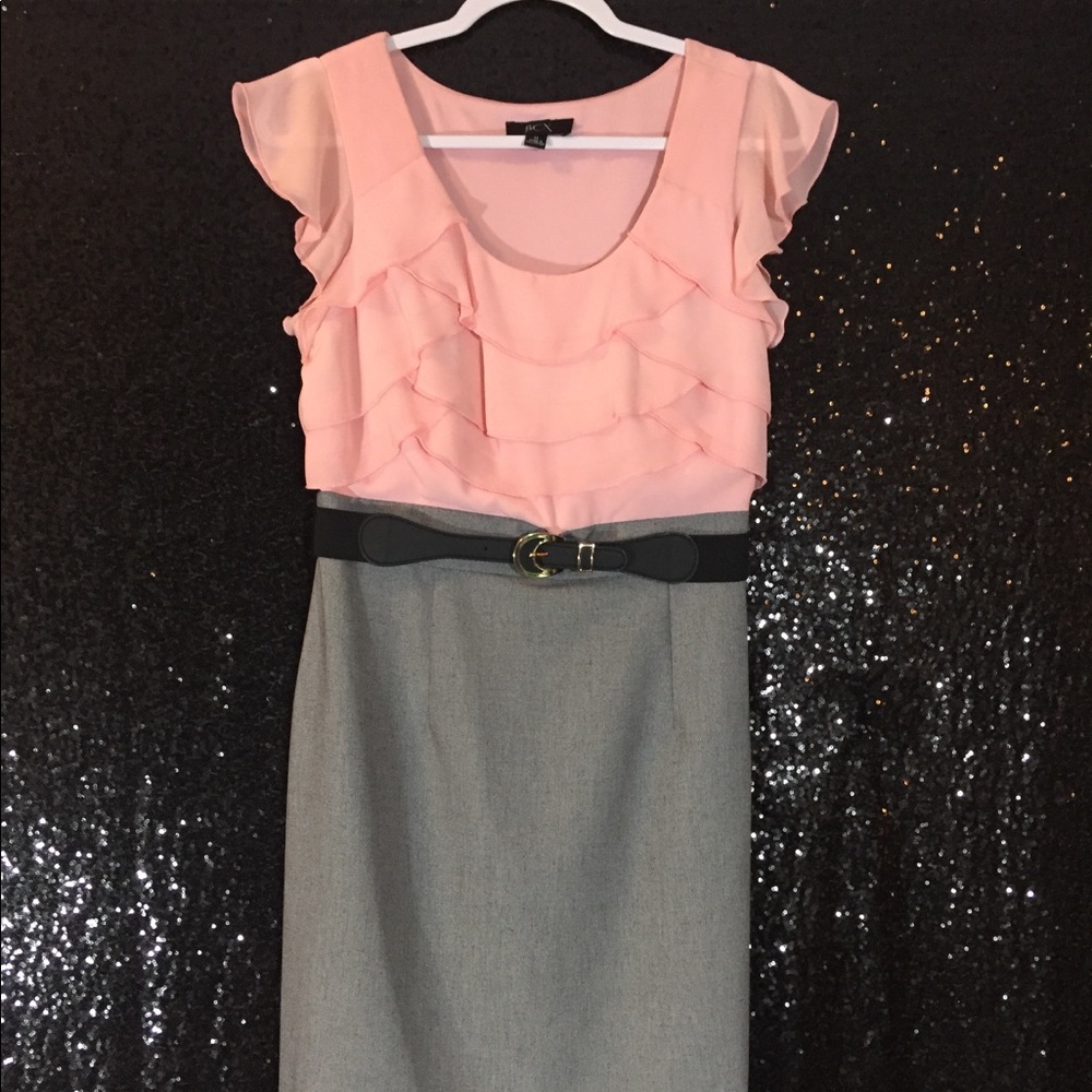 Pink and gray ruffle sheath dress with belt